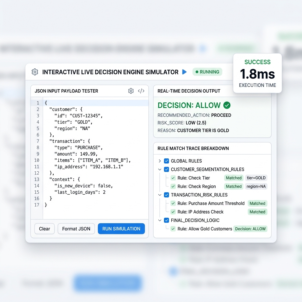 Sample decision walkthrough UI (illustrative traces, not a live engine call)