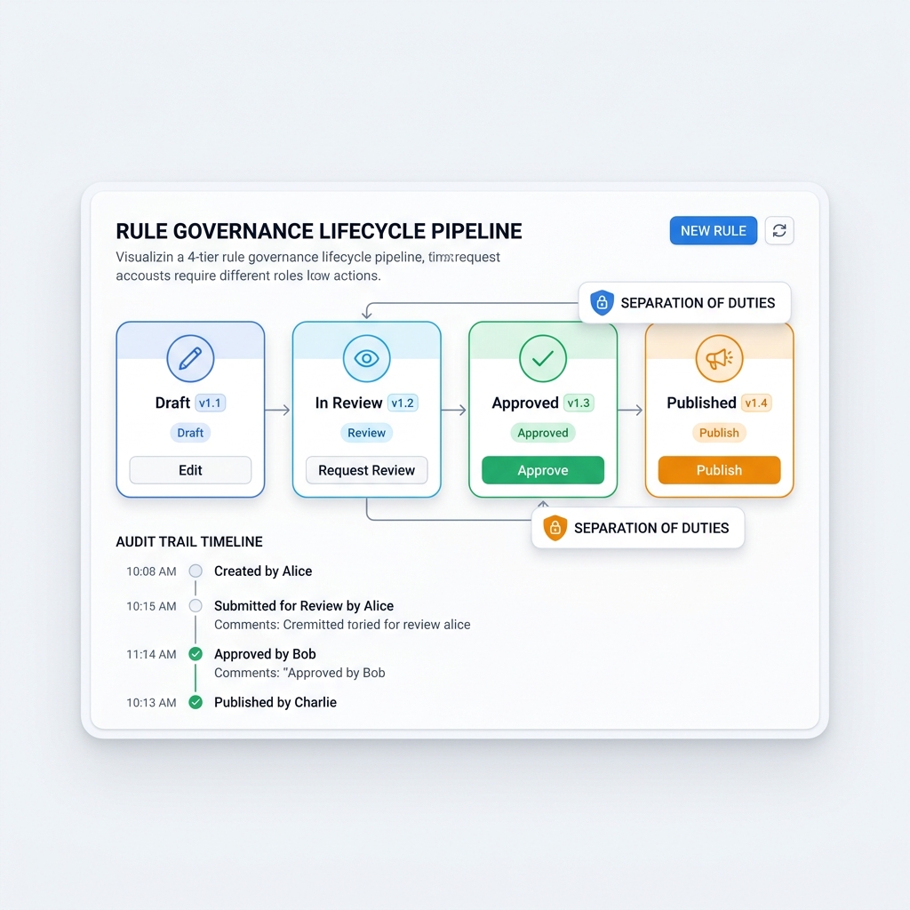Governance and deployment lifecycle pipeline across Decision Manager, Decision Server, and Admin